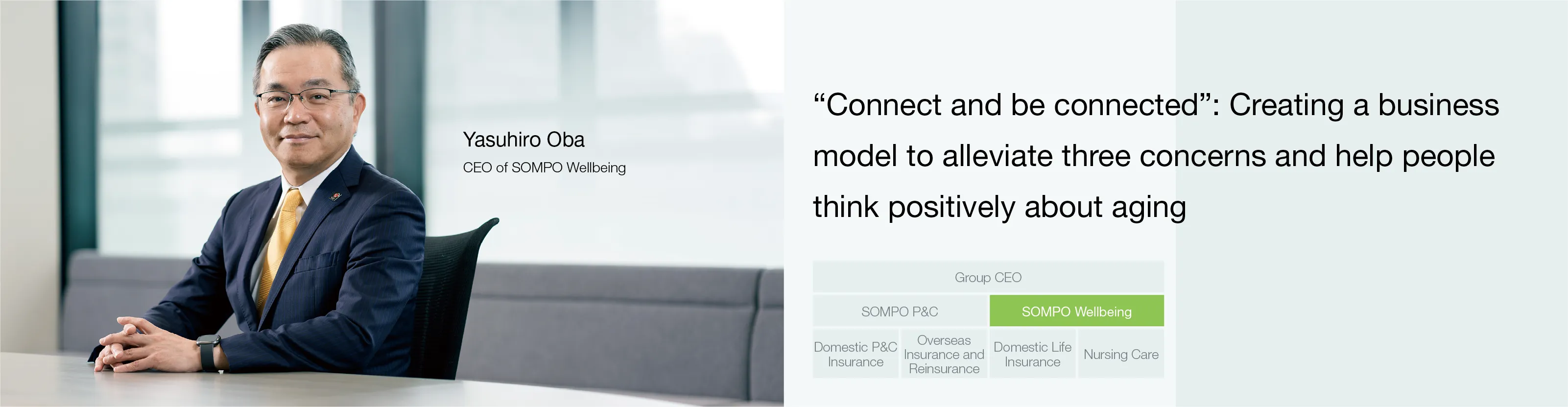 Image:CEO of SOMPO Wellbeing Yasuhiro Oba "Connect and be connected":Creating a business model to alleviate three concerns and help people think positively about aging