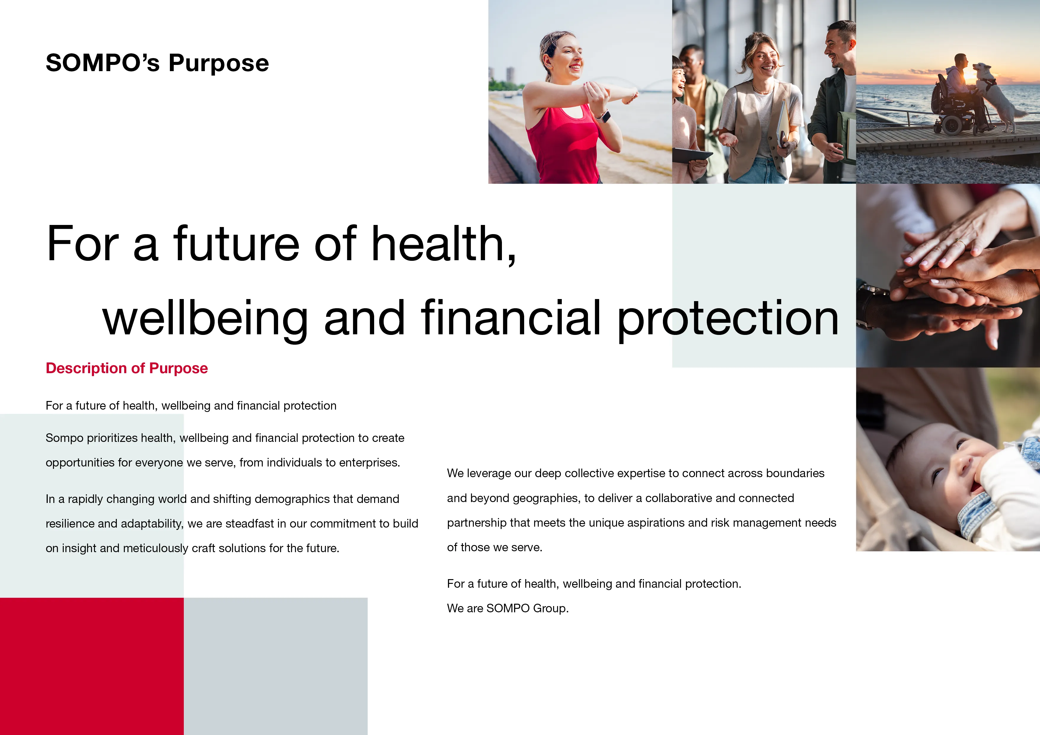 SOMPO’s Purpose:For a future of health, wellbeing and financial protection and description of Purpose