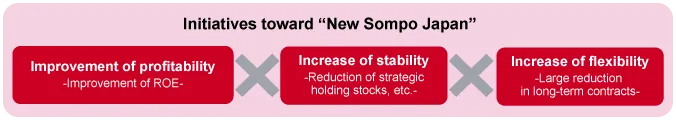 Domestic P&C Insurance: Diagram of initiatives toward “New Sompo Japan”—improve profitability (ROE), increase stability (reduction of strategic holding stocks, etc.), and increase flexibility (large reduction in long-term contracts).