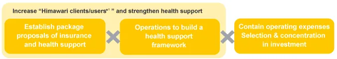 Domestic Life Insurance: Diagram of initiatives to increase “Himawari clients/users” and strengthen health support—establish package proposals of insurance and health support, build a health support framework, and contain operating expenses (selection & concentration in investment).